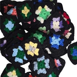 Vintage Handmade Crochet Granny Squares Black Trim Colorful Large Lot
